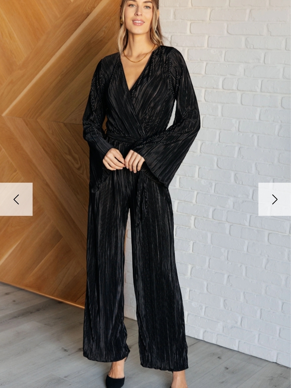 Black Pleated Wrap Jumpsuit with Tie Waist - Women's